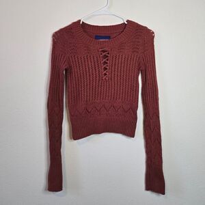 Aeropostale Women's Criss Cross Tie Crochet Knit Burgundy Sweater Extra Small